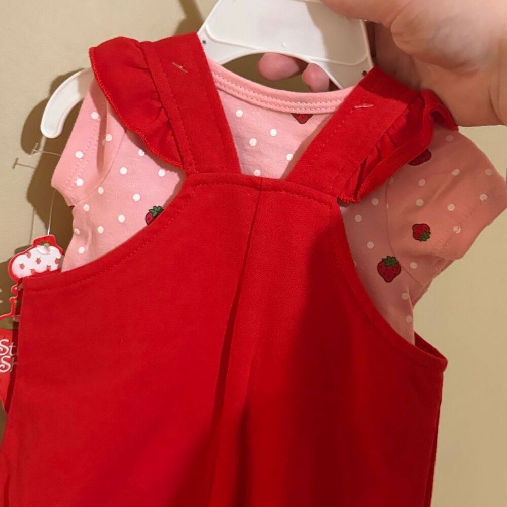 Strawberry Shortcake Baby Girl 2 Piece Set Overalls Red Pink NWT 3M 3 Month - Picture 8 of 8